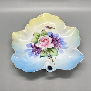 Vintage Lefton Leaf Shaped Hand Painted Floral Trinket Dish